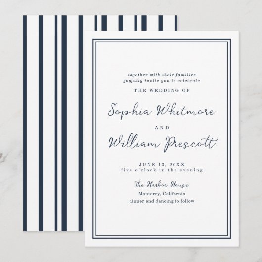 Nautical Navy Stripe Wedding Invitation Kaart (Voorkant / Achterkant)