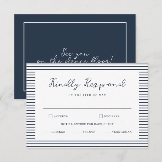 Nautical Navy Stripe Wedding RSVP Card Informatiekaartje (Voorkant / Achterkant)
