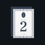 Nautical Navy Stripe Wedding Table Number Card Kaart<br><div class="desc">Nautical Wedding Table Number Card in classic navy and white — a chic coastal reception table sign perfect for elegant seaside weddings. Inspired by timeless Coastal Elegance and yacht-club aesthetics, this navy stripe table number features a refined monogram accent and crisp preppy layout. Perfect for the modern coastal bride. Pair...</div>