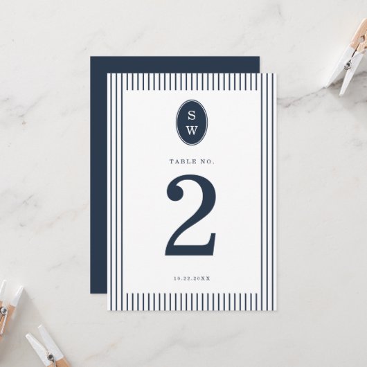 Nautical Navy Stripe Wedding Table Number Card Kaart (Voorkant / Achterkant in situ)