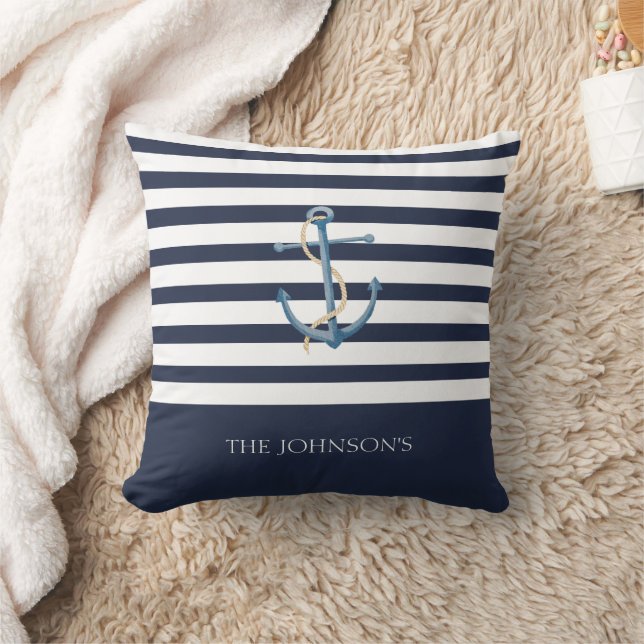 Nautical Navy Striped Anchor Coastal Kussen (Deken)