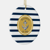 Nautical Navy Stripes and Anchor Custom Wedding Keramisch Ornament (Rechts)