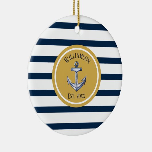 Nautical Navy Stripes and Anchor Custom Wedding Keramisch Ornament (Rechts)