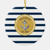 Nautical Navy Stripes and Anchor Custom Wedding Keramisch Ornament (Voorkant)
