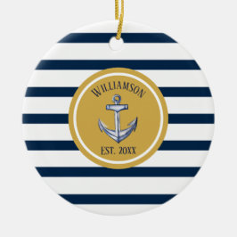 Nautical Navy Stripes and Anchor Custom Wedding Keramisch Ornament