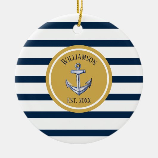Nautical Navy Stripes and Anchor Custom Wedding Keramisch Ornament (Voorkant)