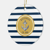 Nautical Navy Stripes and Anchor Custom Wedding Keramisch Ornament (Links)