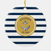 Nautical Navy Stripes and Anchor Custom Wedding Keramisch Ornament (Achterkant)