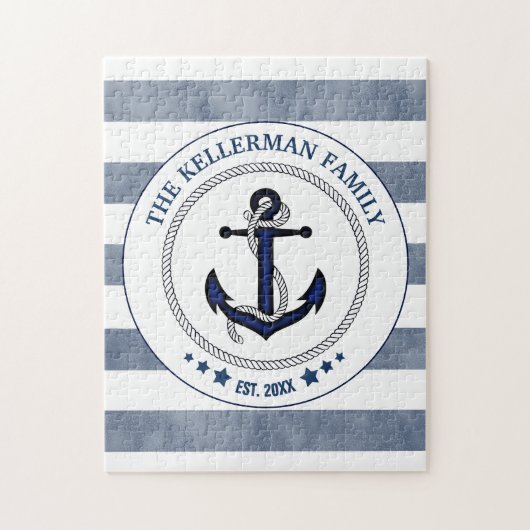 Nautical Navy Stripes and Anchor Family Name Legpuzzel (Verticaal)