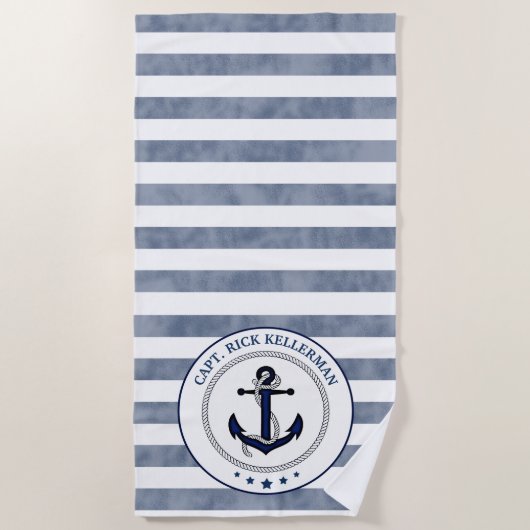 Nautical Navy Stripes and Anchor Personalized Strandlaken (Voorkant)
