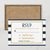 Nautical Navy Stripes and Burlap Wedding RSVP Kaartje (Voorkant / Achterkant)