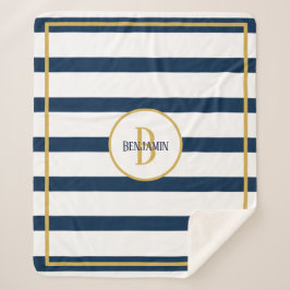 Nautical Navy Stripes Custom Monogram Name Sherpa Deken