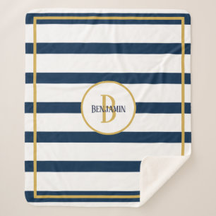 Nautical Navy Stripes Custom Monogram Name Sherpa Deken
