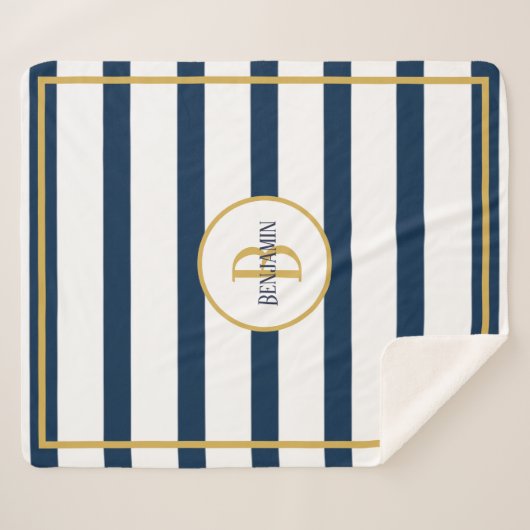 Nautical Navy Stripes Custom Monogram Name Sherpa Deken (Voorkant (horizontaal))