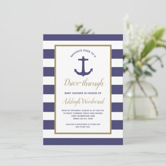 Nautical Navy Stripes Drive-Through Baby shower Kaart (Staand voorkant)