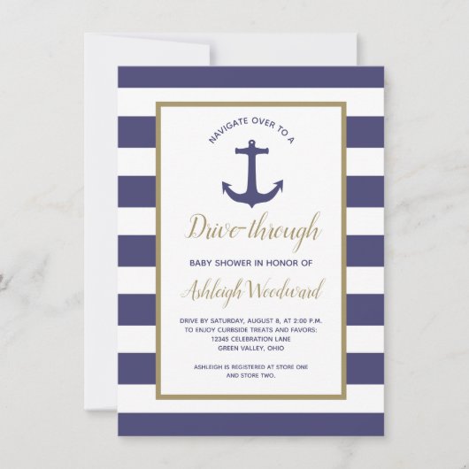 Nautical Navy Stripes Drive-Through Baby shower Kaart (Voorkant)