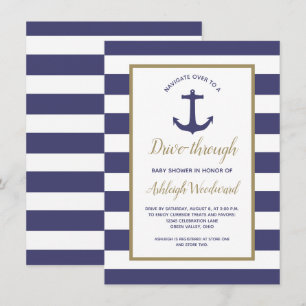 Nautical Navy Stripes Drive-Through Baby shower Kaart