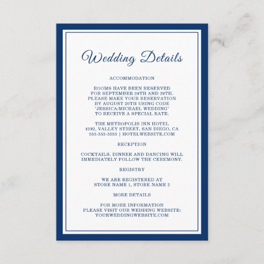Nautical Navy Stripes Elegant Wedding Details Informatiekaartje (Voorkant)