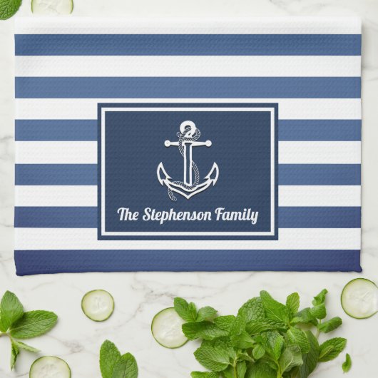 Nautical Navy Stripes familienaam gepersonaliseerd Theedoek (Gevouwen)