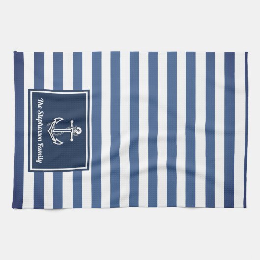 Nautical Navy Stripes familienaam gepersonaliseerd Theedoek (Horizontaal)