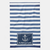 Nautical Navy Stripes familienaam gepersonaliseerd Theedoek (Verticaal)