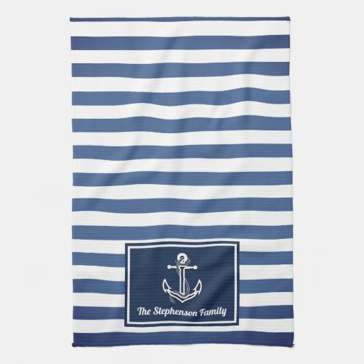 Nautical Navy Stripes familienaam gepersonaliseerd Theedoek (Verticaal)