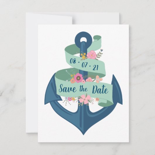 Nautical Navy Stripes Floral Wedding Save the Date Kaart (Voorkant)