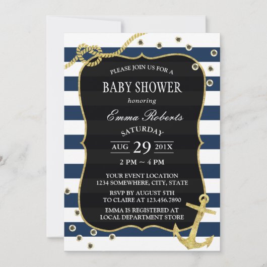 Nautical Navy Stripes Gold Anchor Baby shower Kaart (Voorkant)