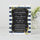 Nautical Navy Stripes Gold Anchor Baby shower Kaart (Staand voorkant)