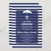 Nautical Navy Stripes Silver First Heilige Communi Kaart (Voorkant / Achterkant)