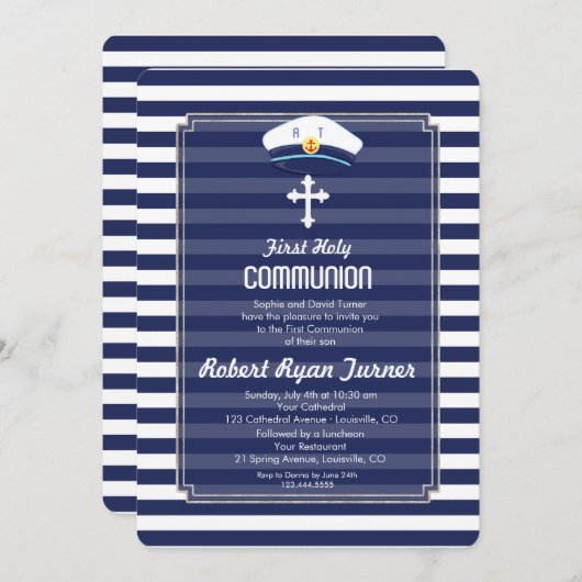 Nautical Navy Stripes Silver First Heilige Communi Kaart (Voorkant / Achterkant)