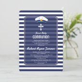 Nautical Navy Stripes Silver First Heilige Communi Kaart (Staand voorkant)