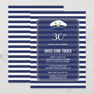 Nautical Navy Stripes Silver Man Birthday Party Kaart