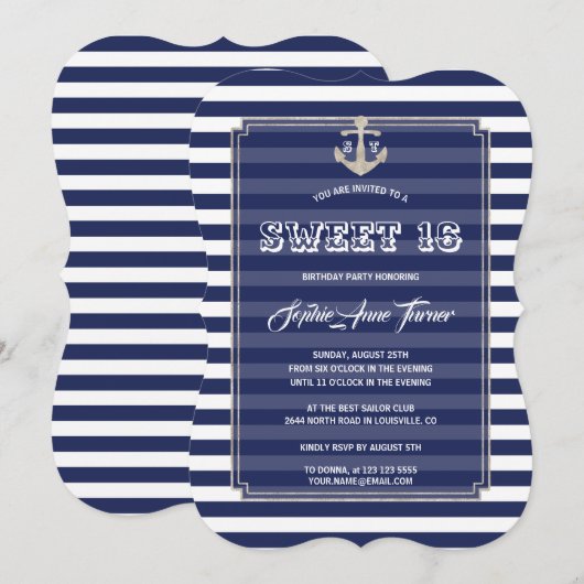 Nautical Navy Stripes Silver Sweet 16 Party Kaart (Voorkant / Achterkant)