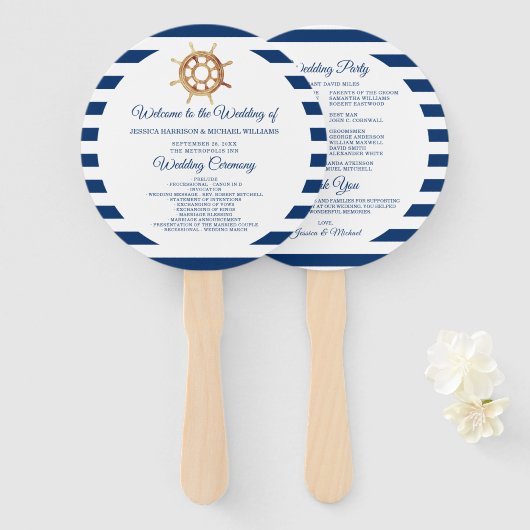 Nautical Navy Stripes Steering Wheel Weddenschap Handwaaier (Voorkant en achterkant)