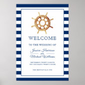 Nautical Navy Stripes Steering Wheel Welkom Poster (Voorkant)