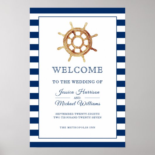 Nautical Navy Stripes Steering Wheel Welkom Poster (Voorkant)