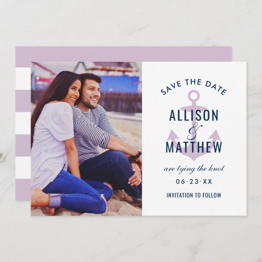 Nautical Navy Violet Paars Anchor Weddenfoto Save The Date (Voorkant / Achterkant)