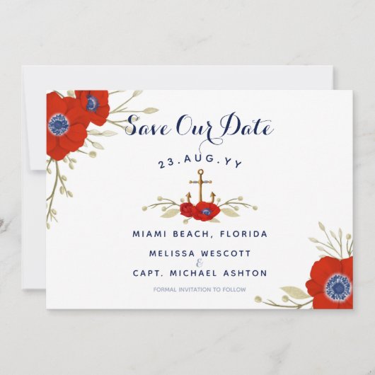 Nautical Navy & Waterverf Floral Anemone Wedding Save The Date (Voorkant)