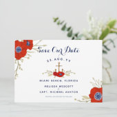 Nautical Navy & Waterverf Floral Anemone Wedding Save The Date (Staand voorkant)