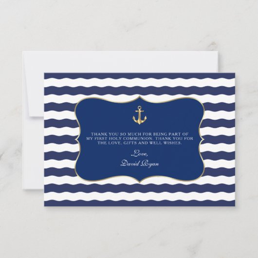 Nautical Navy Waves Anchor Boy Heilige Communie Bedankkaart (Voorkant)