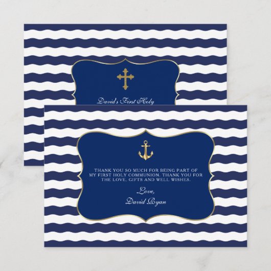 Nautical Navy Waves Anchor Boy Heilige Communie Bedankkaart (Voorkant / Achterkant)