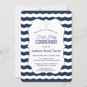Nautical Navy Waves Anchor First Heilige Communie Kaart