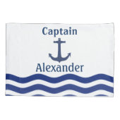 Nautical Navy Waves and Anchor Kapitein Name Kussensloop (Achterkant)