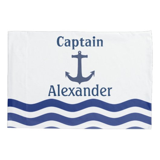 Nautical Navy Waves and Anchor Kapitein Name Kussensloop (Achterkant)