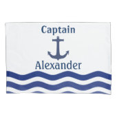 Nautical Navy Waves and Anchor Kapitein Name Kussensloop (Voorkant)