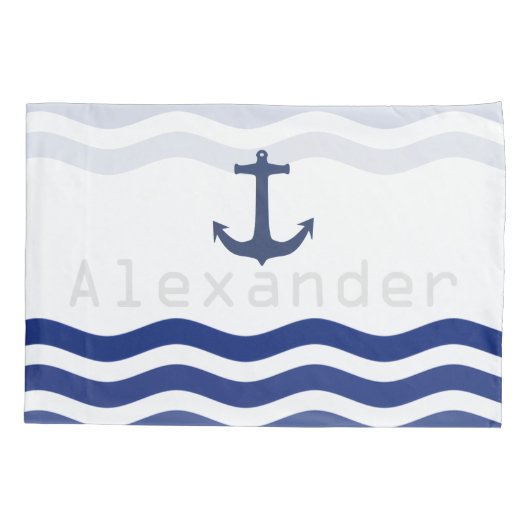 Nautical Navy Waves and Anchor Personalized Name Kussensloop (Achterkant)