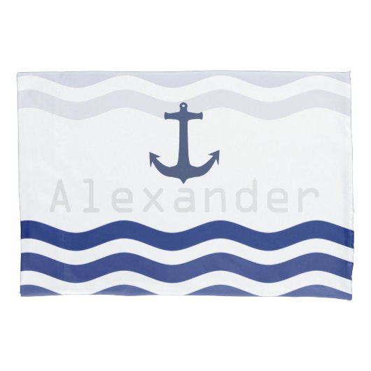 Nautical Navy Waves and Anchor Personalized Name Kussensloop (Voorkant)