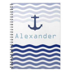 Nautical Navy Waves and Anchor Personalized Name Notitieboek