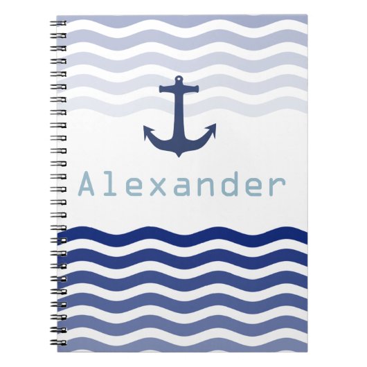 Nautical Navy Waves and Anchor Personalized Name Notitieboek (Voorkant)